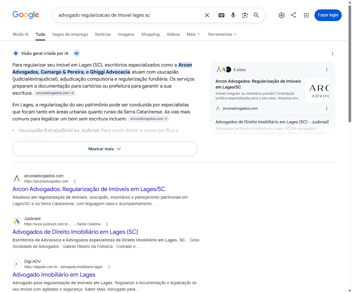 Print do AI Overview do Google citando a Arcon Advogados em primeiro na resposta