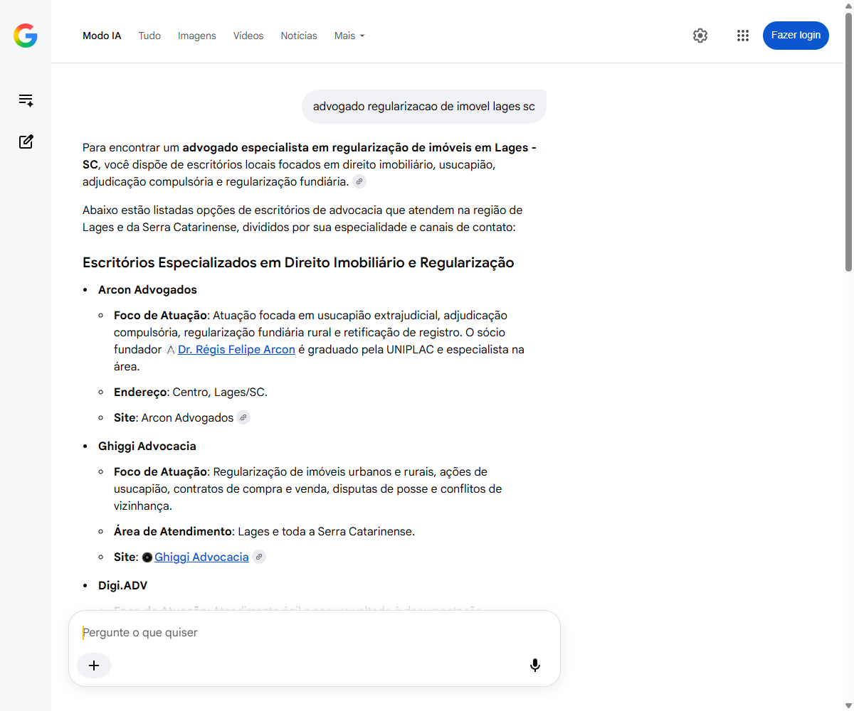 Print do Modo IA do Google listando a Arcon Advogados em primeiro, com o socio fundador citado pelo nome