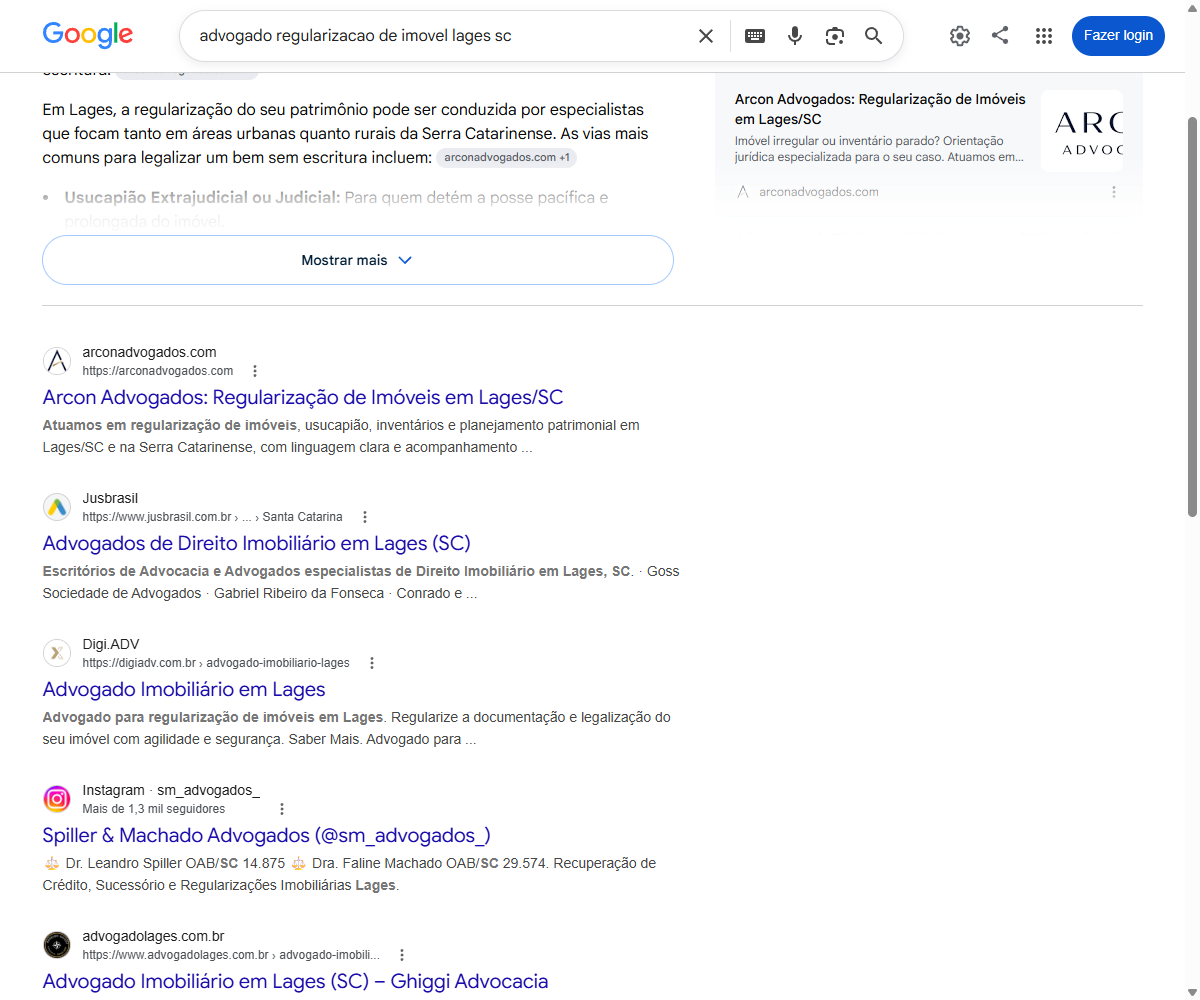 Print do Google com o site da Arcon Advogados em primeiro resultado para advogado regularizacao de imovel em Lages SC