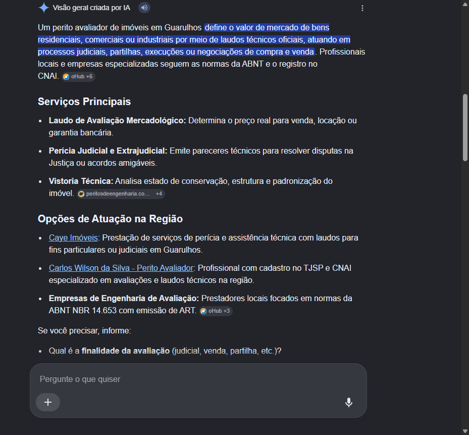 Print do AI Overview do Google citando Carlos Wilson da Silva como perito avaliador em Guarulhos
