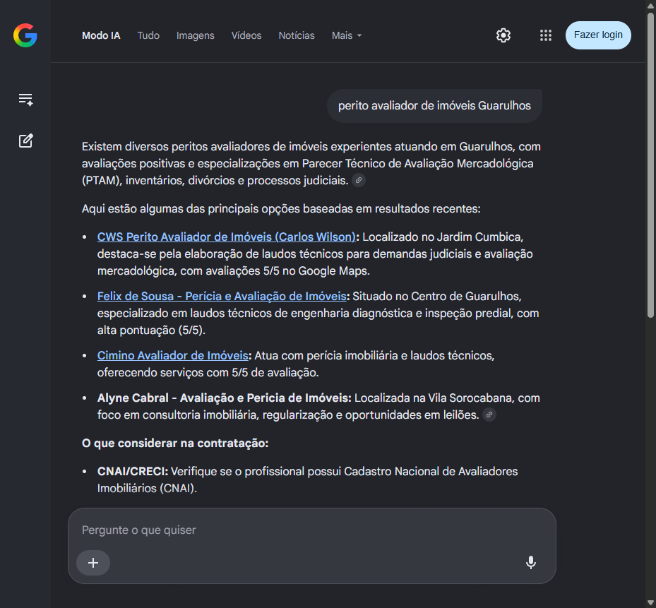 Print do Modo IA do Google listando a CWS Perito Avaliador de Carlos Wilson em primeiro