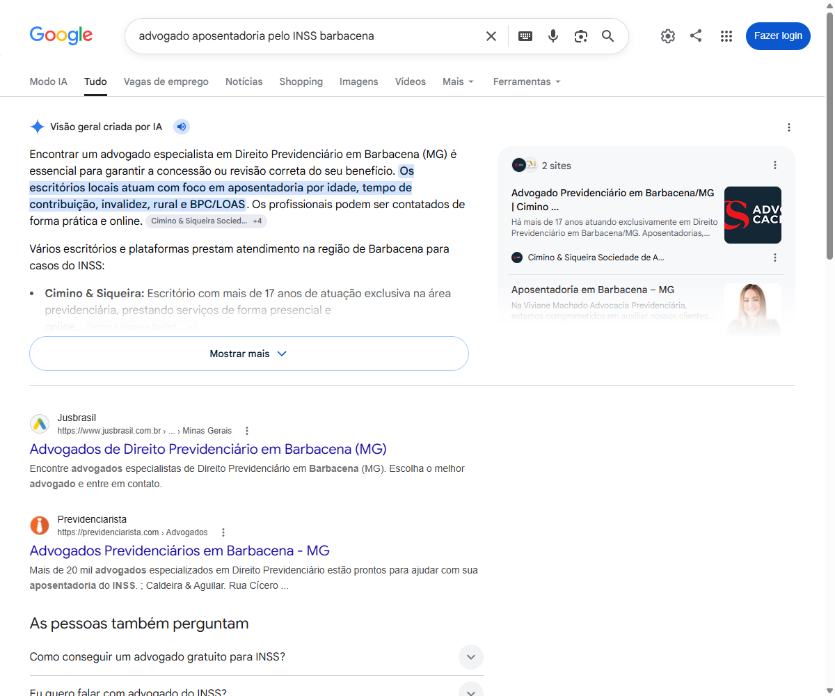 Print do AI Overview do Google citando o Cimino e Siqueira como fonte e primeira opcao da lista