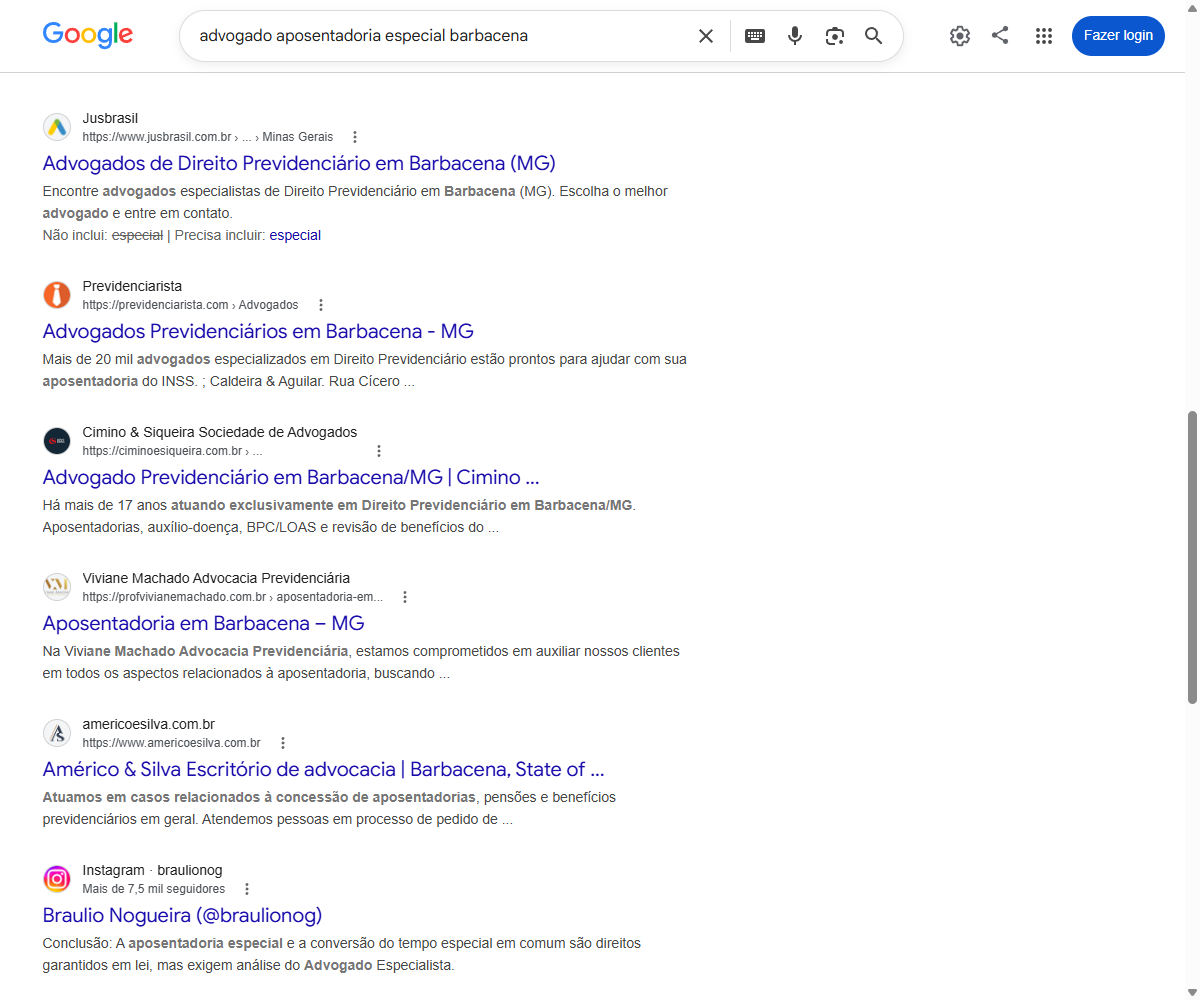 Print do Google para advogado aposentadoria especial em Barbacena com o Cimino e Siqueira em primeiro