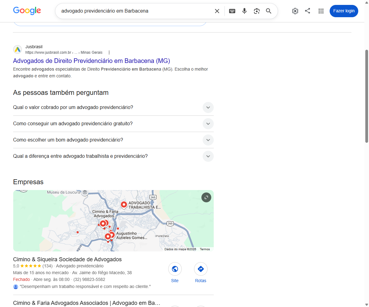 Print do bloco de empresas do Google com o Cimino e Siqueira em primeiro, nota 5,0 e mais de 130 avaliacoes