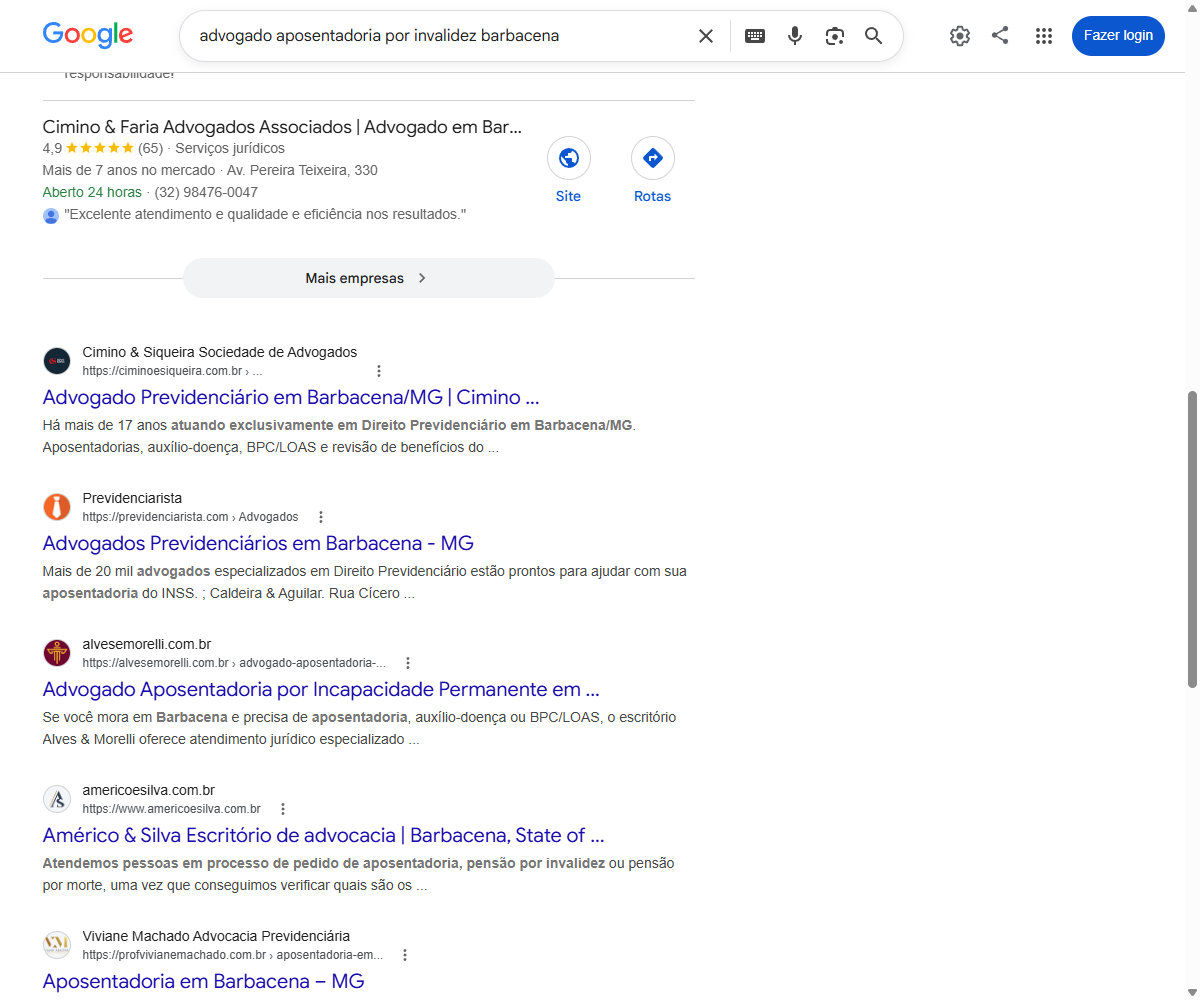 Print do Google para advogado aposentadoria por invalidez em Barbacena com o Cimino e Siqueira em primeiro