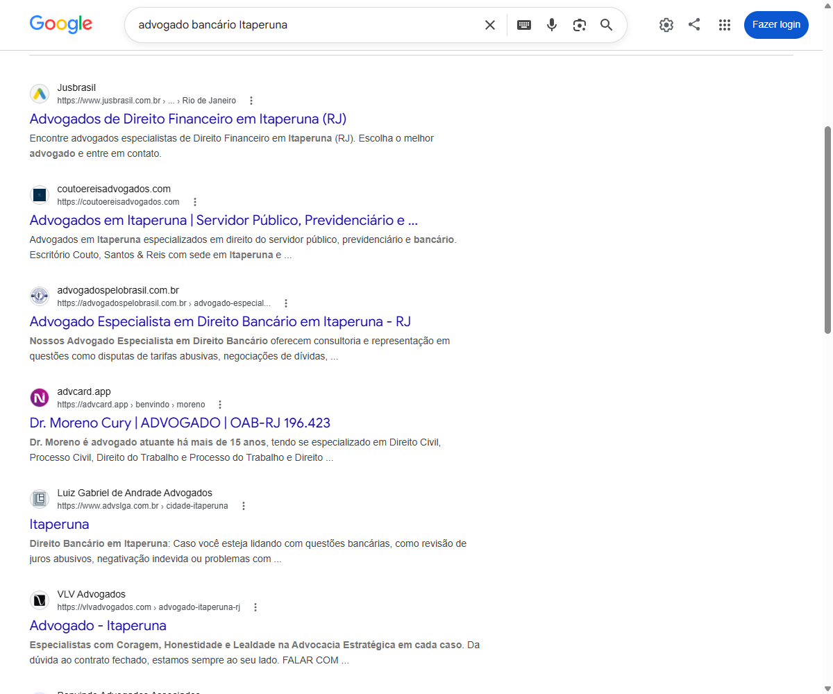 Print do Google para advogado bancario em Itaperuna com o Couto, Santos e Reis como primeiro escritorio
