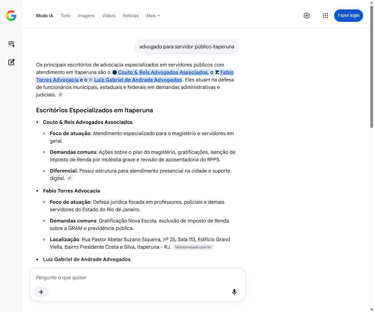 Print do Modo IA do Google listando o Couto, Santos e Reis como primeiro escritorio citado
