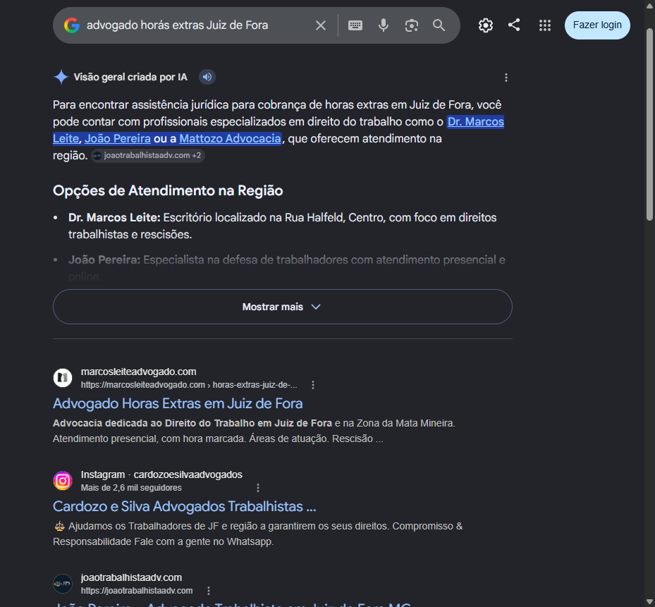 Print do Google com o site do Marcos Leite em primeiro para advogado de horas extras em Juiz de Fora