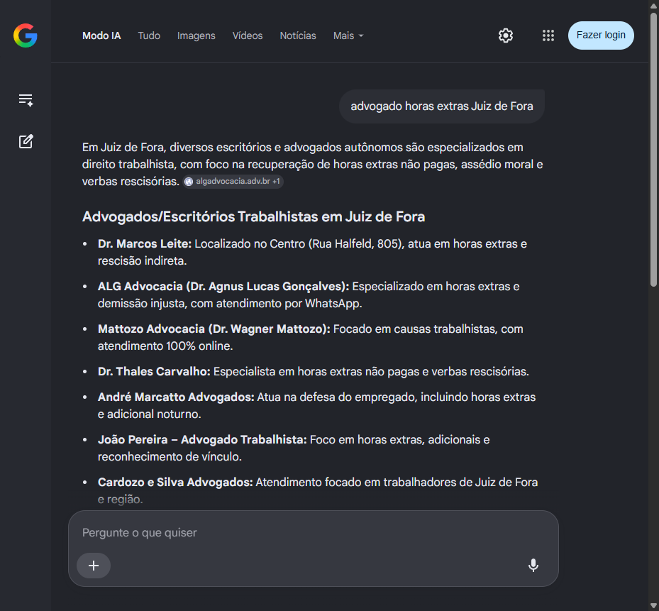 Print do Modo IA do Google listando o Dr. Marcos Leite em primeiro, com endereco e site
