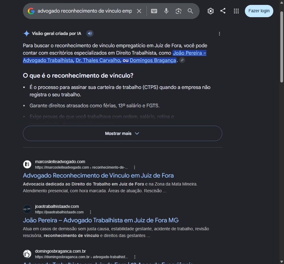 Print do Google com o site do Marcos Leite em primeiro para reconhecimento de vinculo em Juiz de Fora