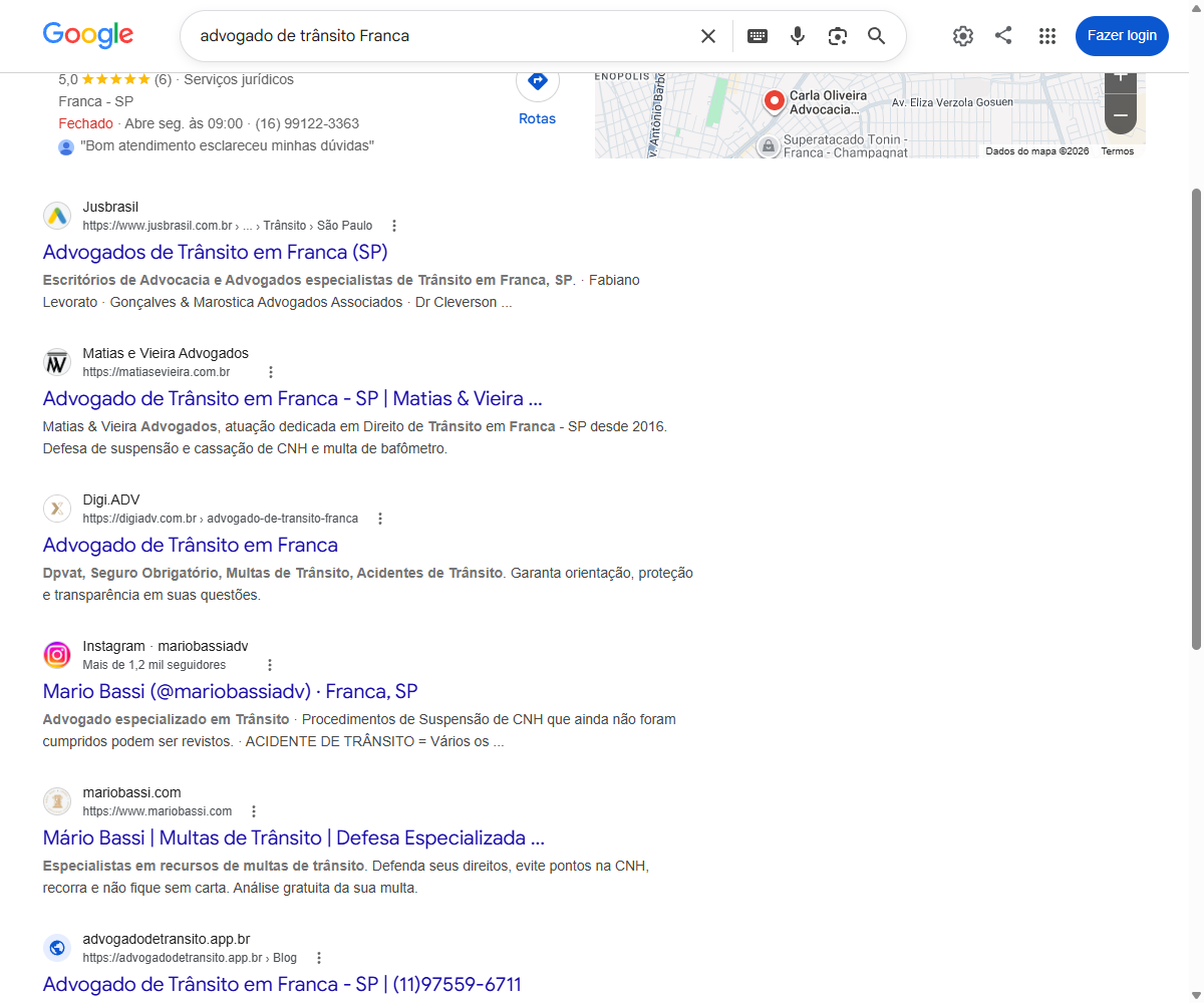 Print do Google para advogado de transito em Franca com o site do Matias e Vieira como primeiro escritorio