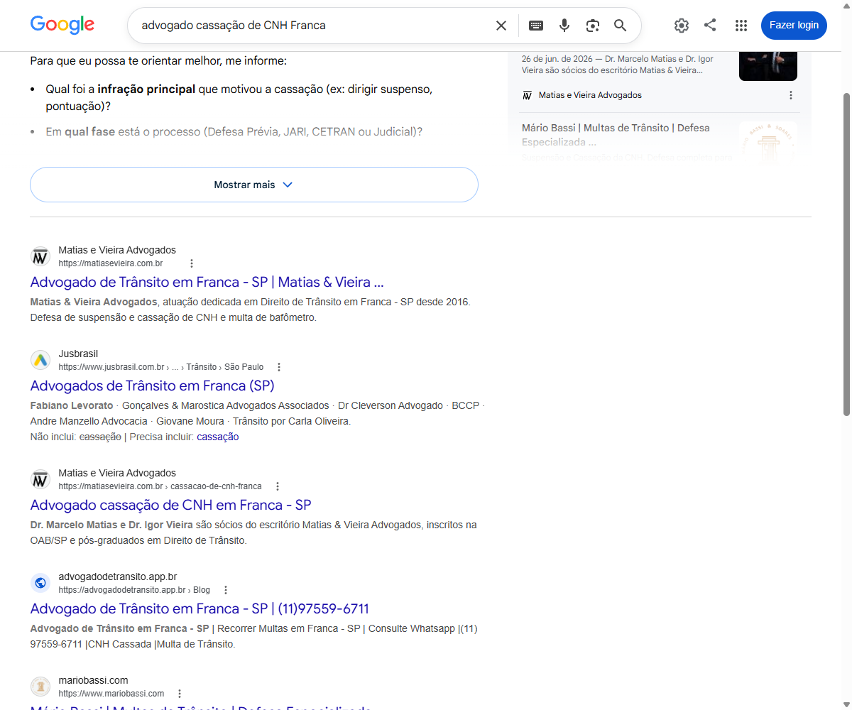Print do Google com o site do Matias e Vieira em primeiro resultado para advogado cassacao de CNH em Franca