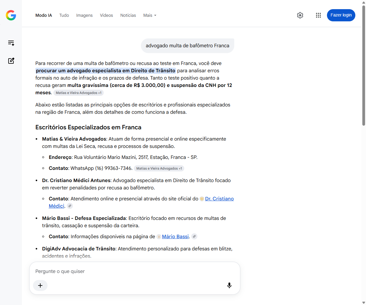 Print do Modo IA do Google listando o Matias e Vieira em primeiro, com endereco e WhatsApp do escritorio