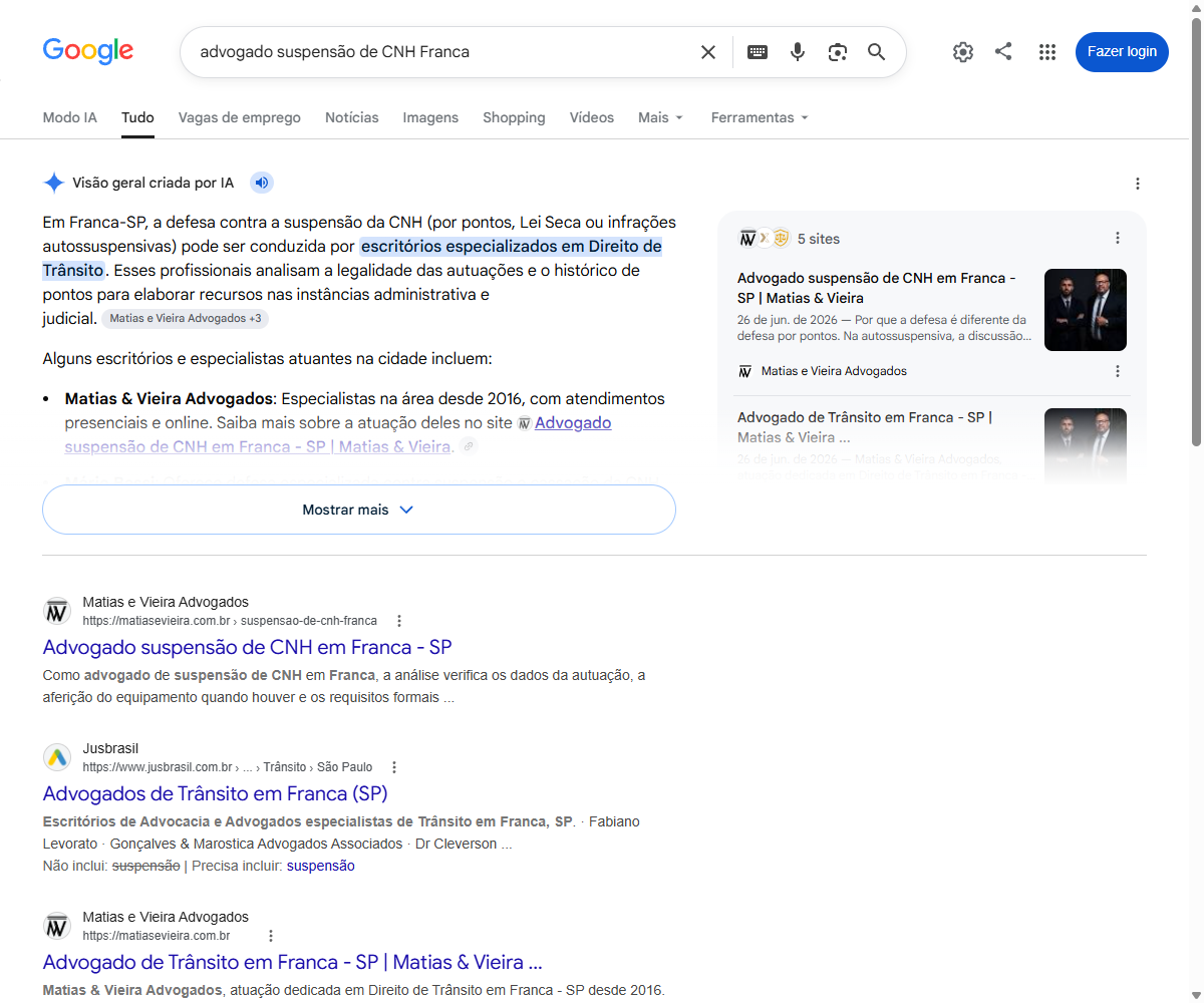 Print do Google com o site do Matias e Vieira em primeiro resultado para advogado suspensao de CNH em Franca