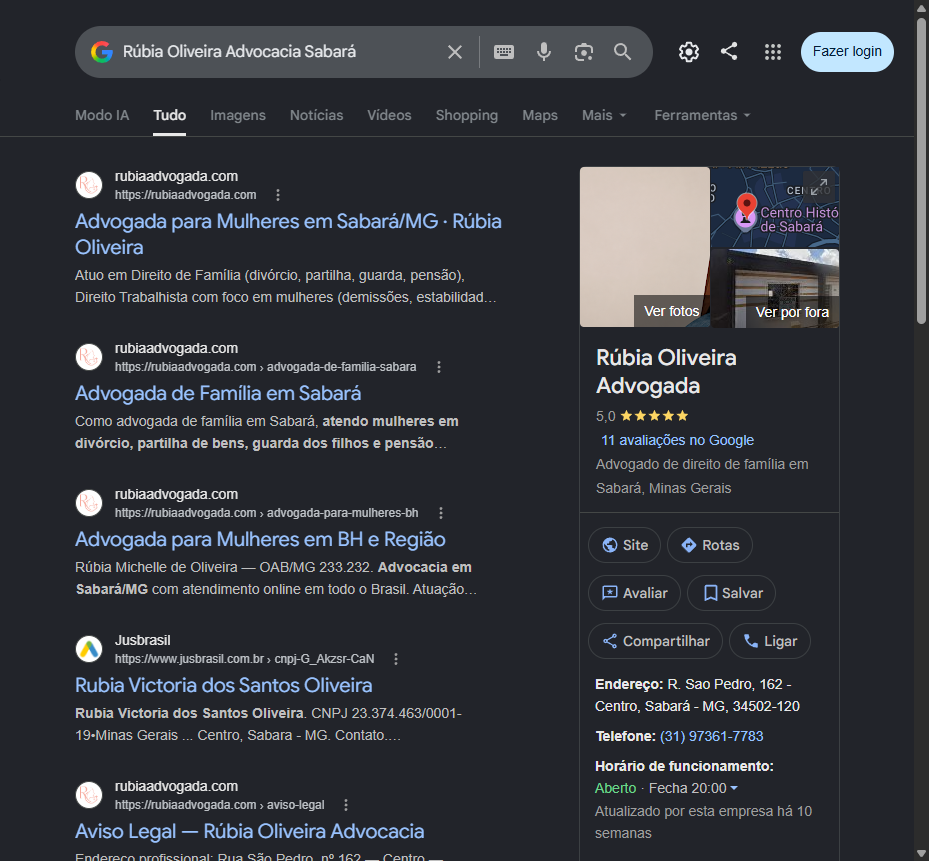 Print do painel do Google da Rubia Oliveira Advogada com nota 5,0 e 11 avaliacoes