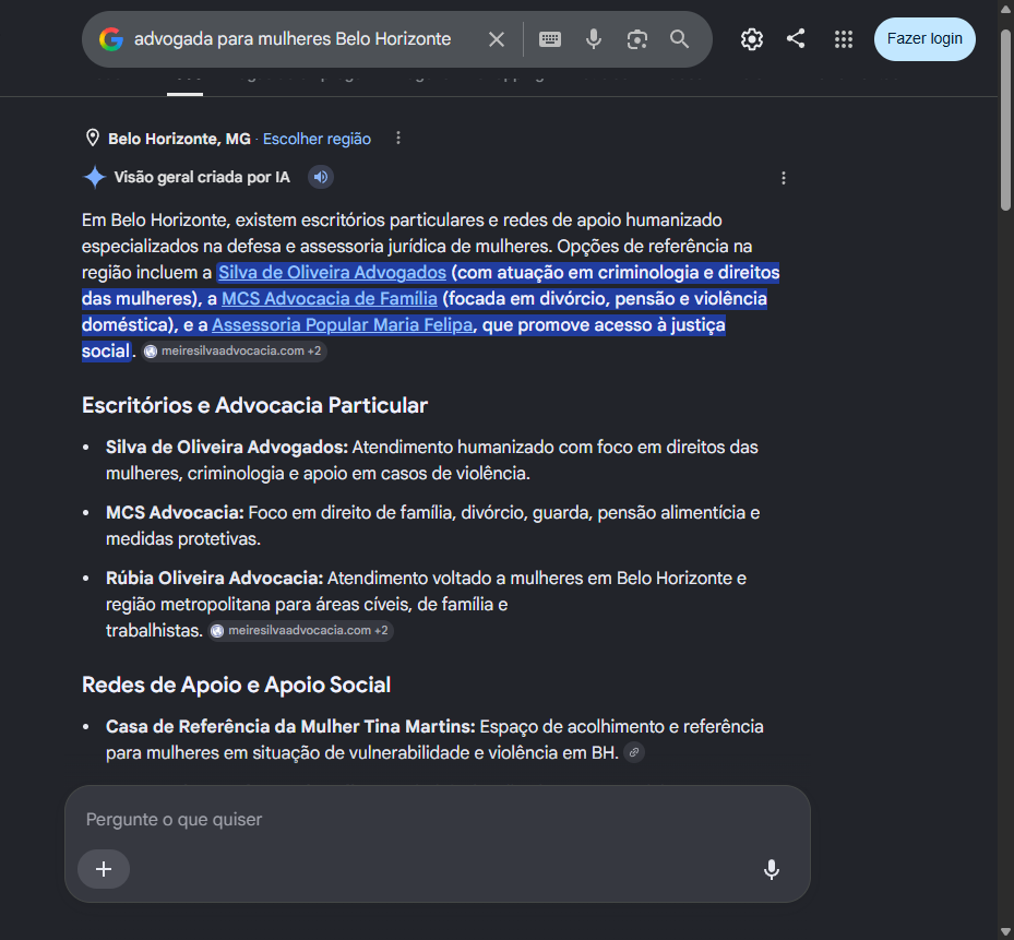 Print do AI Overview do Google citando Rubia Oliveira Advocacia entre as advogadas para mulheres em BH