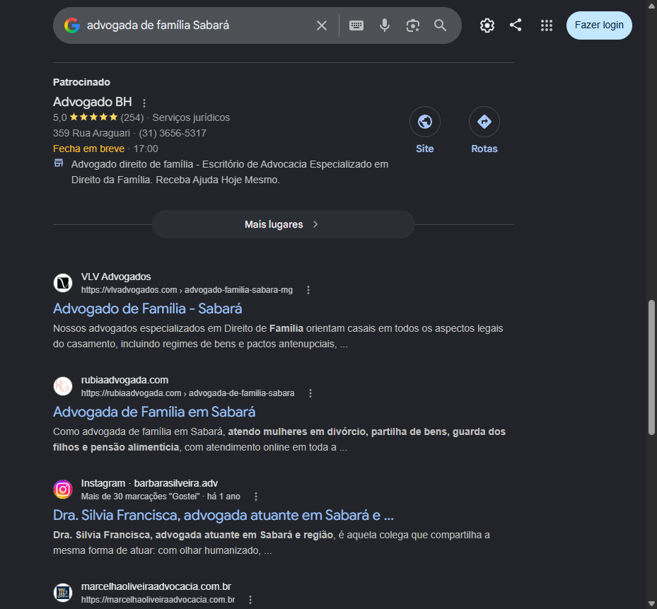 Print do Google com o site da Rubia Oliveira em terceiro para advogada de familia em Sabara