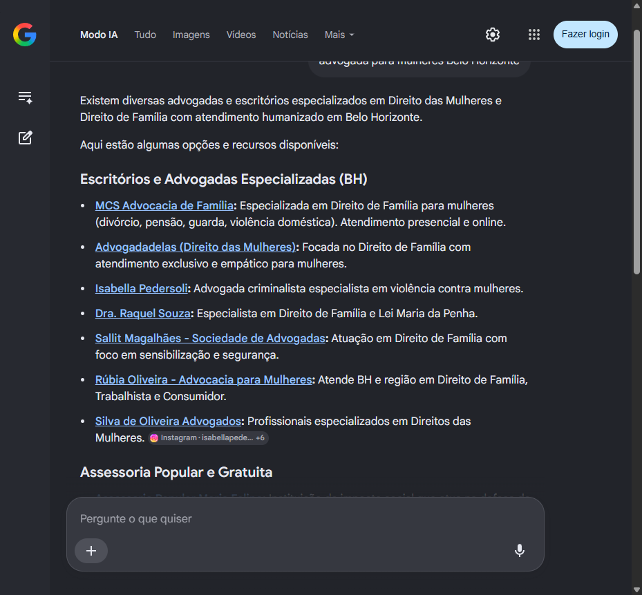 Print do Modo IA do Google citando Rubia Oliveira Advocacia para Mulheres com link
