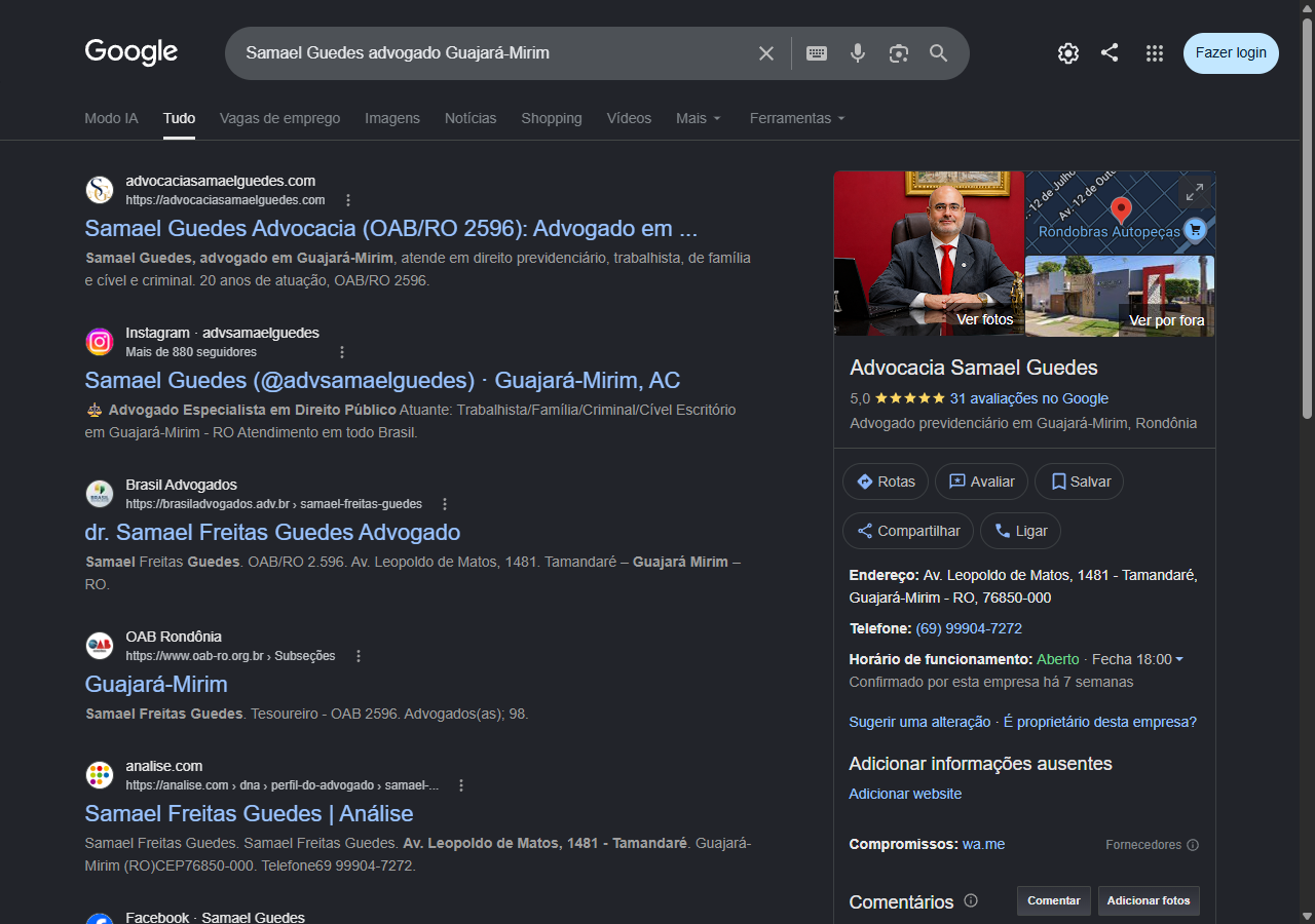 Print do painel do Google Meu Negocio da Advocacia Samael Guedes com nota 5,0 e 31 avaliacoes