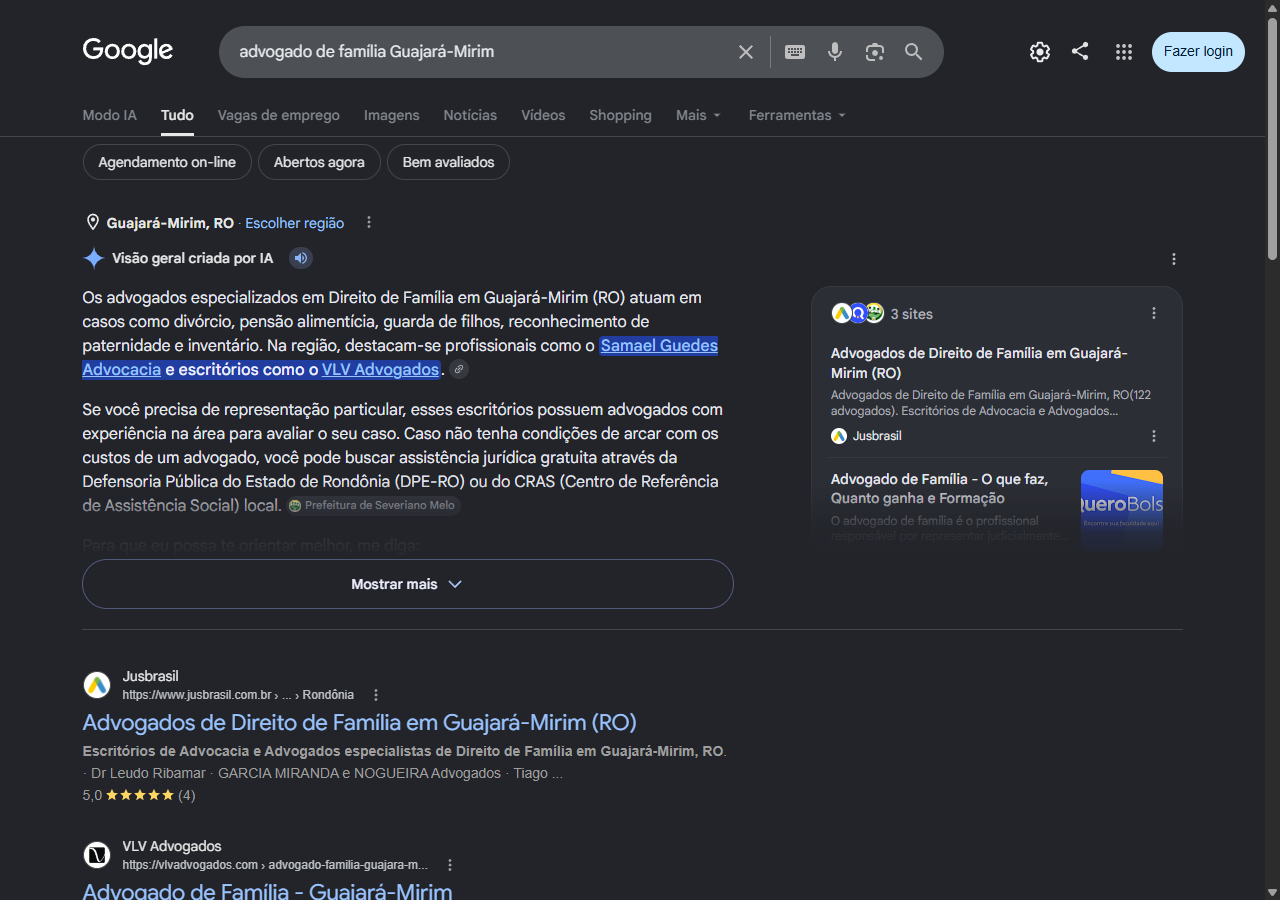 Print do AI Overview do Google citando Samael Guedes Advocacia como destaque em direito de familia