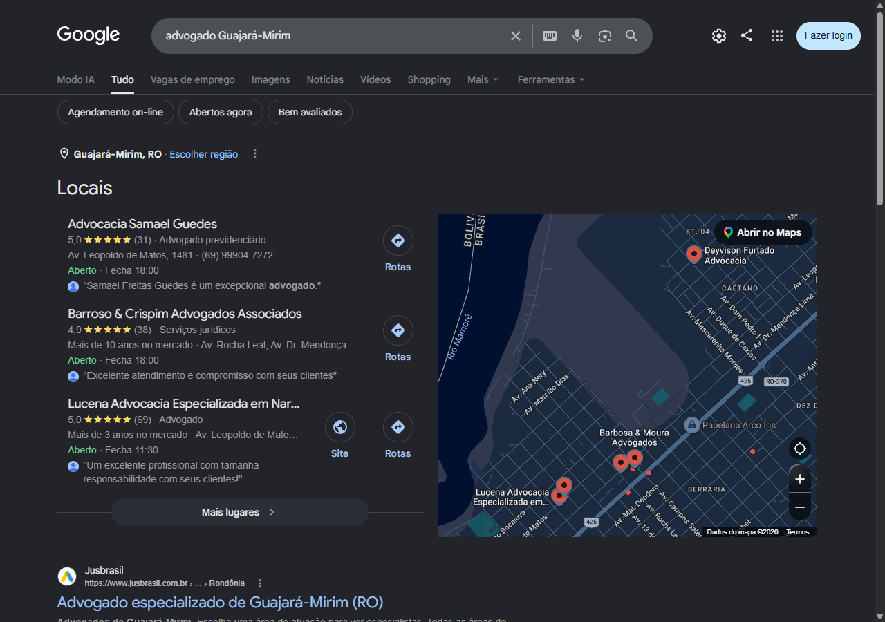 Print do Google com a Advocacia Samael Guedes em primeiro no pack local para advogado em Guajara-Mirim
