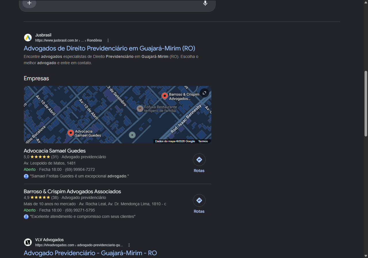 Print do Google com a Advocacia Samael Guedes em primeiro no pack local para advogado previdenciario