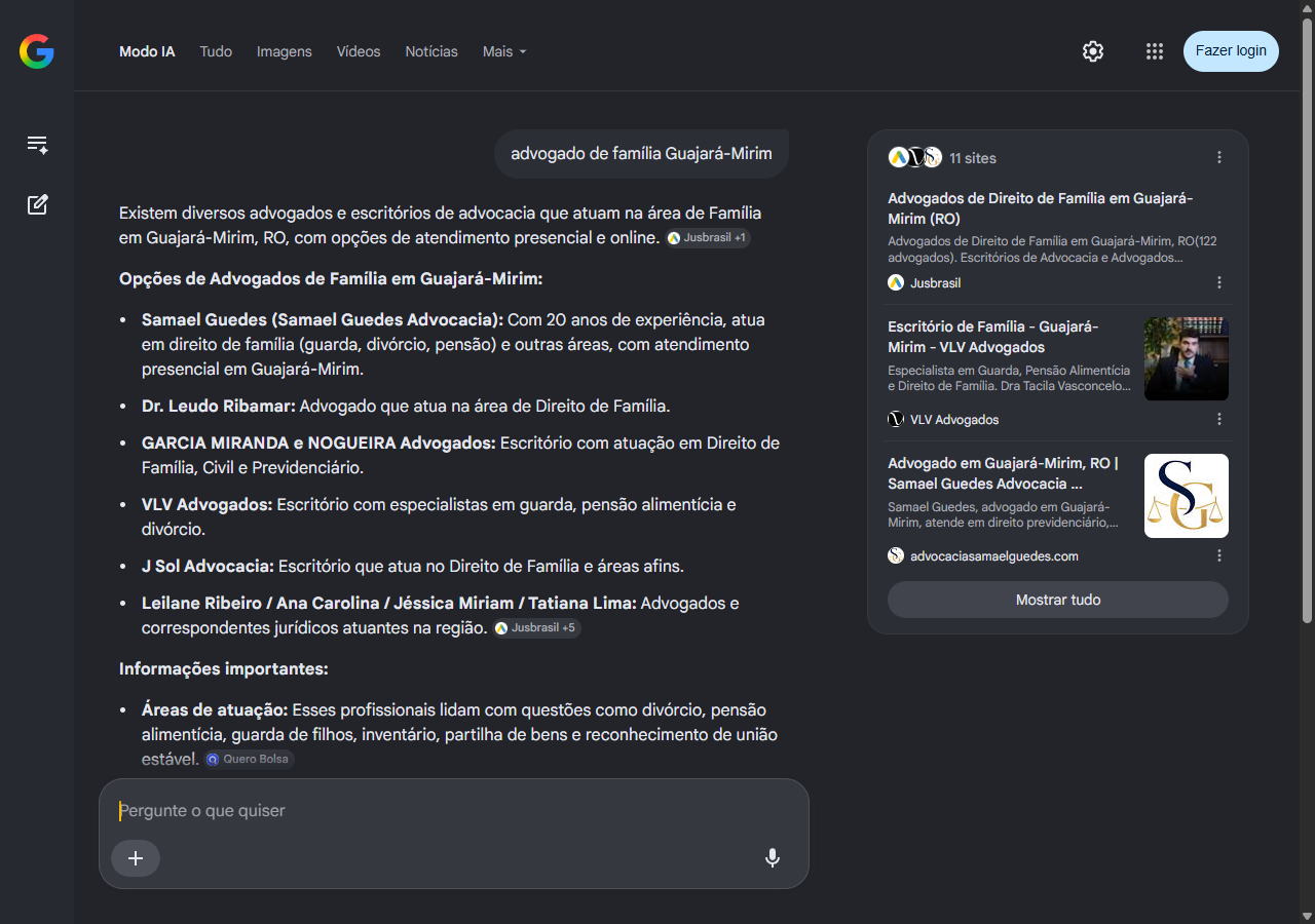 Print do Modo IA do Google listando Samael Guedes como primeira opcao de advogado de familia