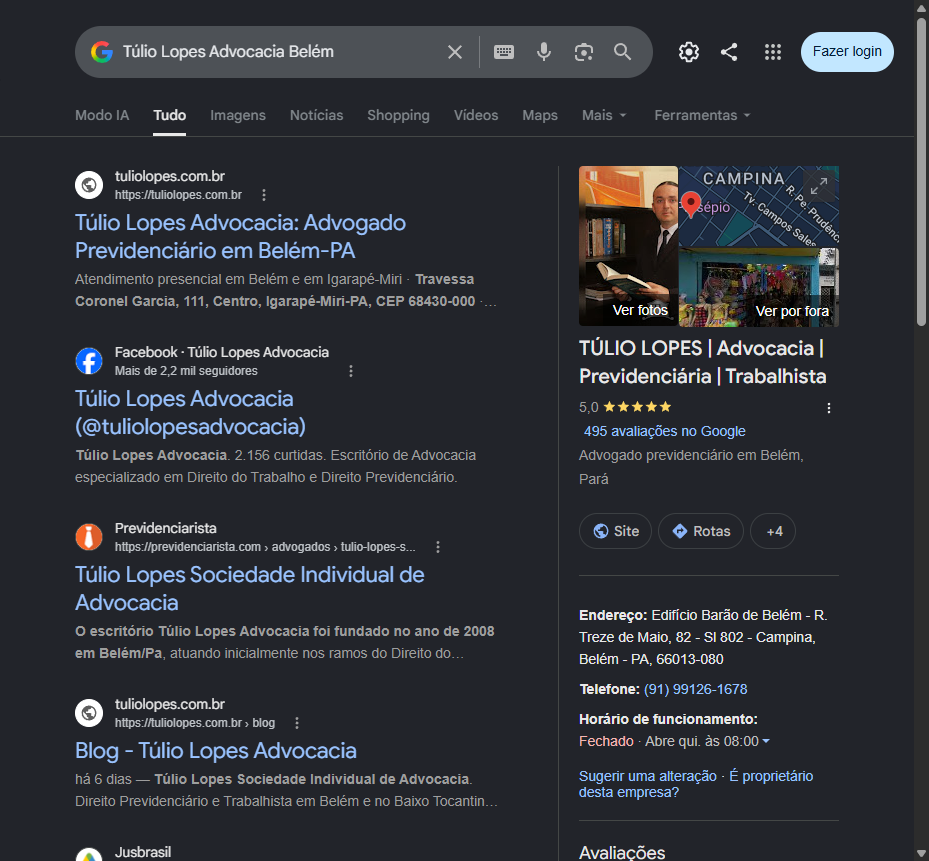 Print do painel do Google da Tulio Lopes Advocacia com nota 5,0 e 495 avaliacoes