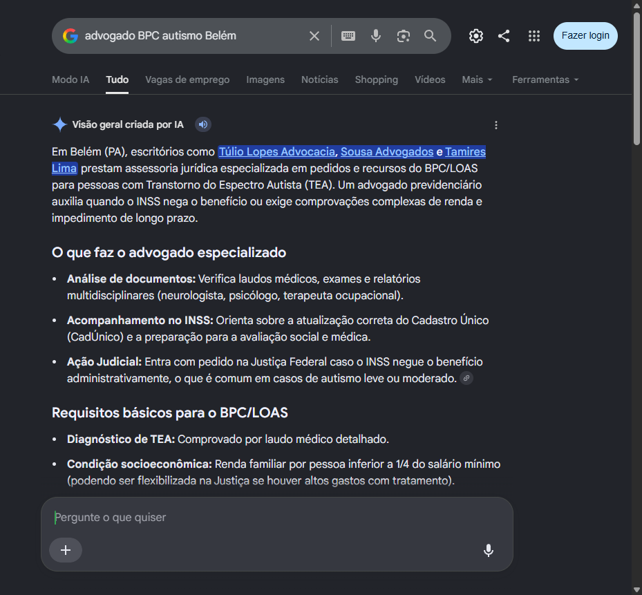 Print do AI Overview do Google citando a Tulio Lopes Advocacia em primeiro