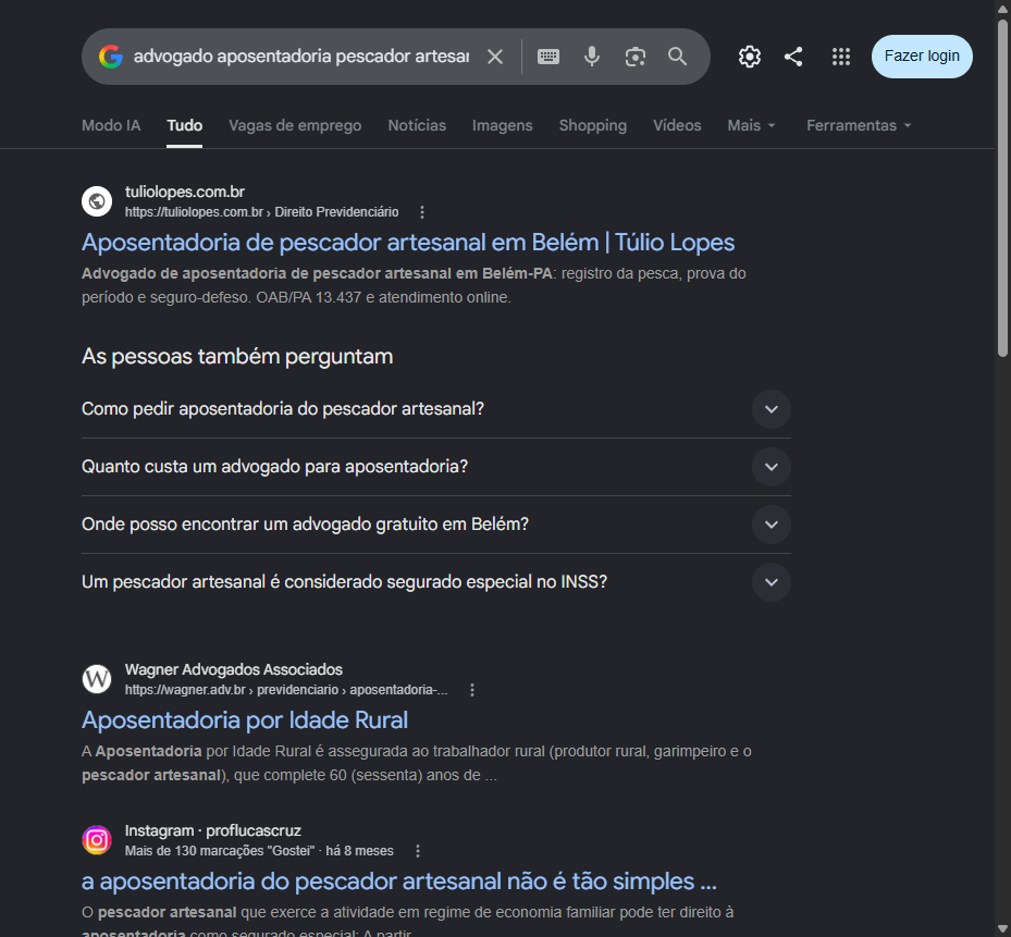 Print do Google com o site do Tulio Lopes em primeiro para aposentadoria de pescador artesanal em Belem