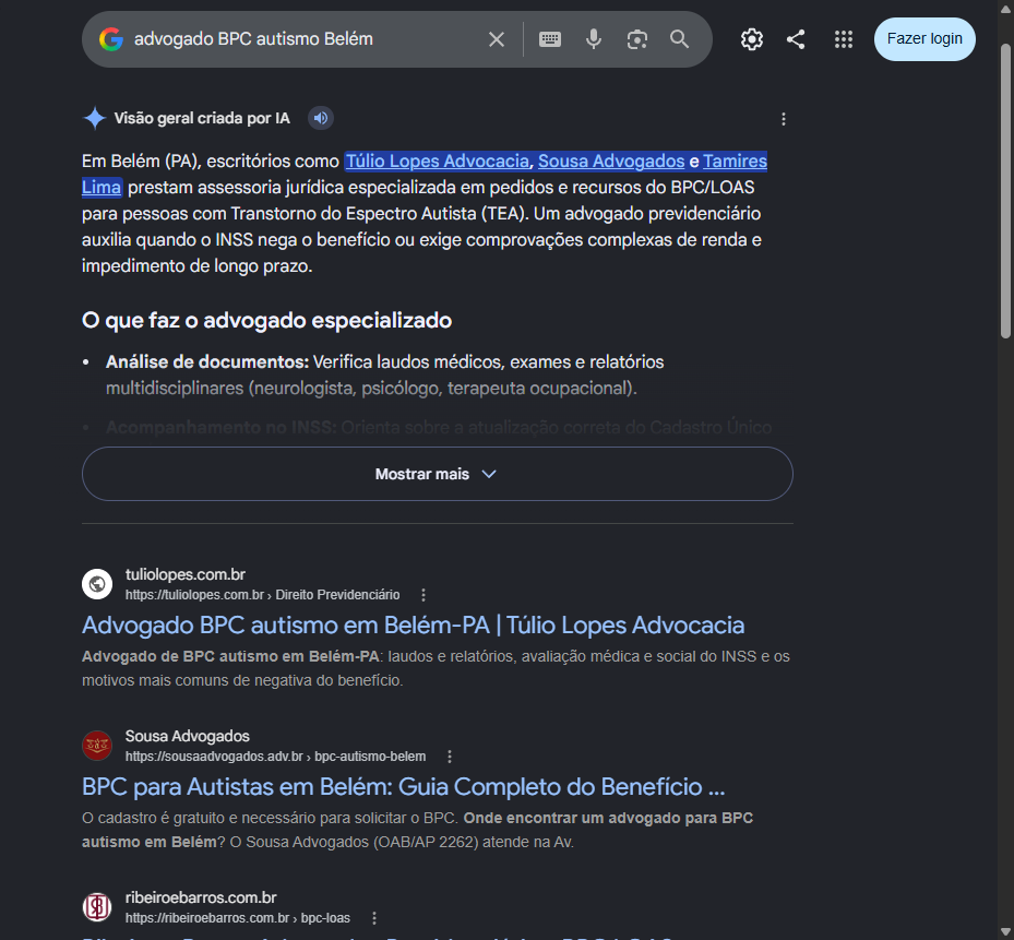 Print do Google com o site do Tulio Lopes em primeiro para advogado BPC autismo em Belem
