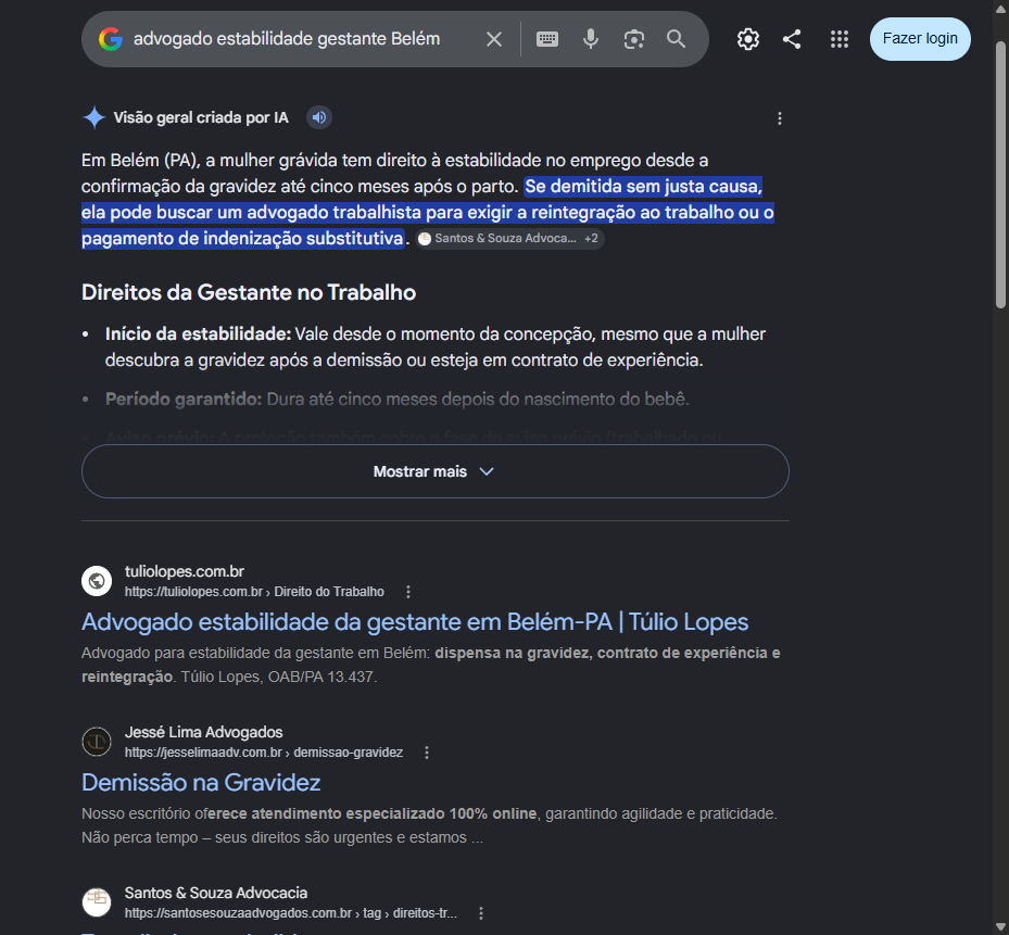 Print do Google com o site do Tulio Lopes em primeiro para estabilidade da gestante em Belem