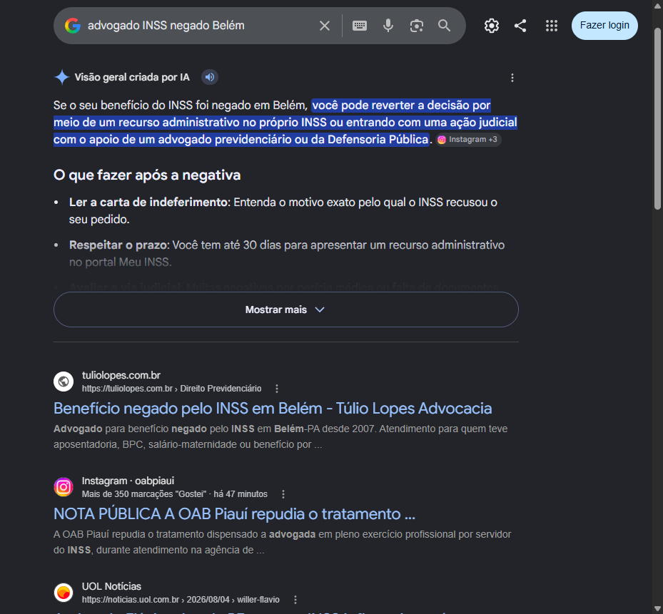 Print do Google com o site do Tulio Lopes em primeiro para beneficio negado pelo INSS em Belem