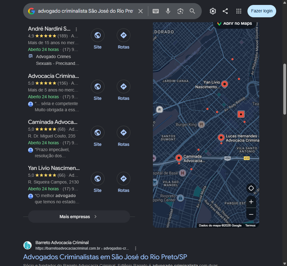 Print do pack local do Google para advogado criminalista em Sao Jose do Rio Preto com o Yan Livio Nascimento e nota 5,0