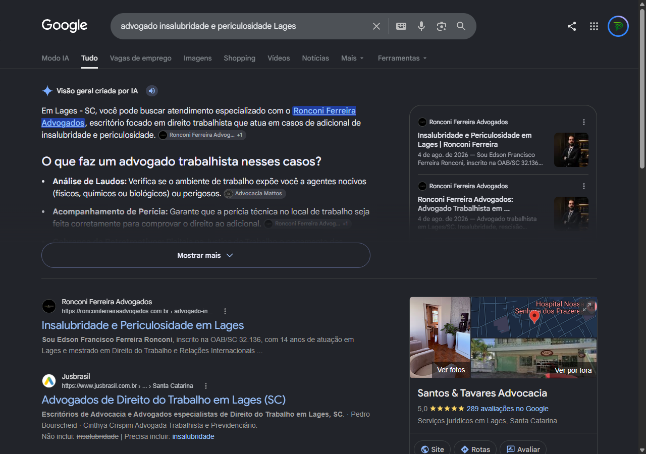 Print da Visao geral criada por IA do Google citando o Ronconi Ferreira Advogados na abertura para insalubridade e periculosidade em Lages