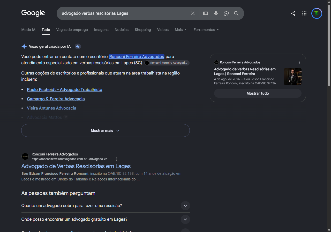 Print da Visao geral criada por IA do Google indicando o Ronconi Ferreira Advogados para verbas rescisorias em Lages