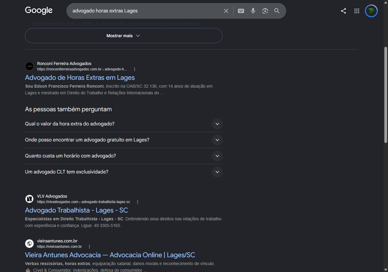 Print do Google para advogado horas extras Lages com a página do Ronconi Ferreira Advogados em primeiro no orgânico