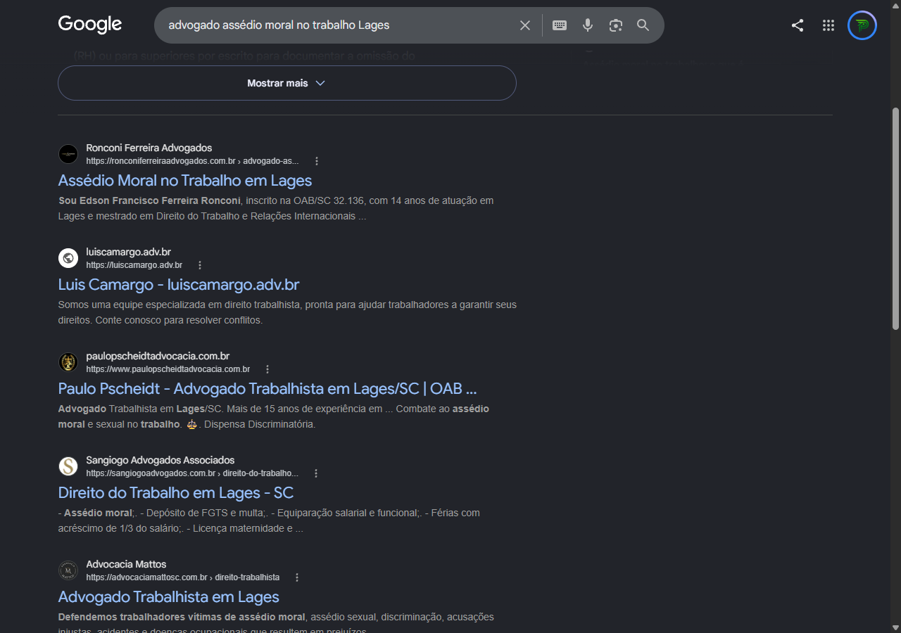 Print do Google com o site do Ronconi Ferreira Advogados em primeiro no organico para assedio moral no trabalho em Lages
