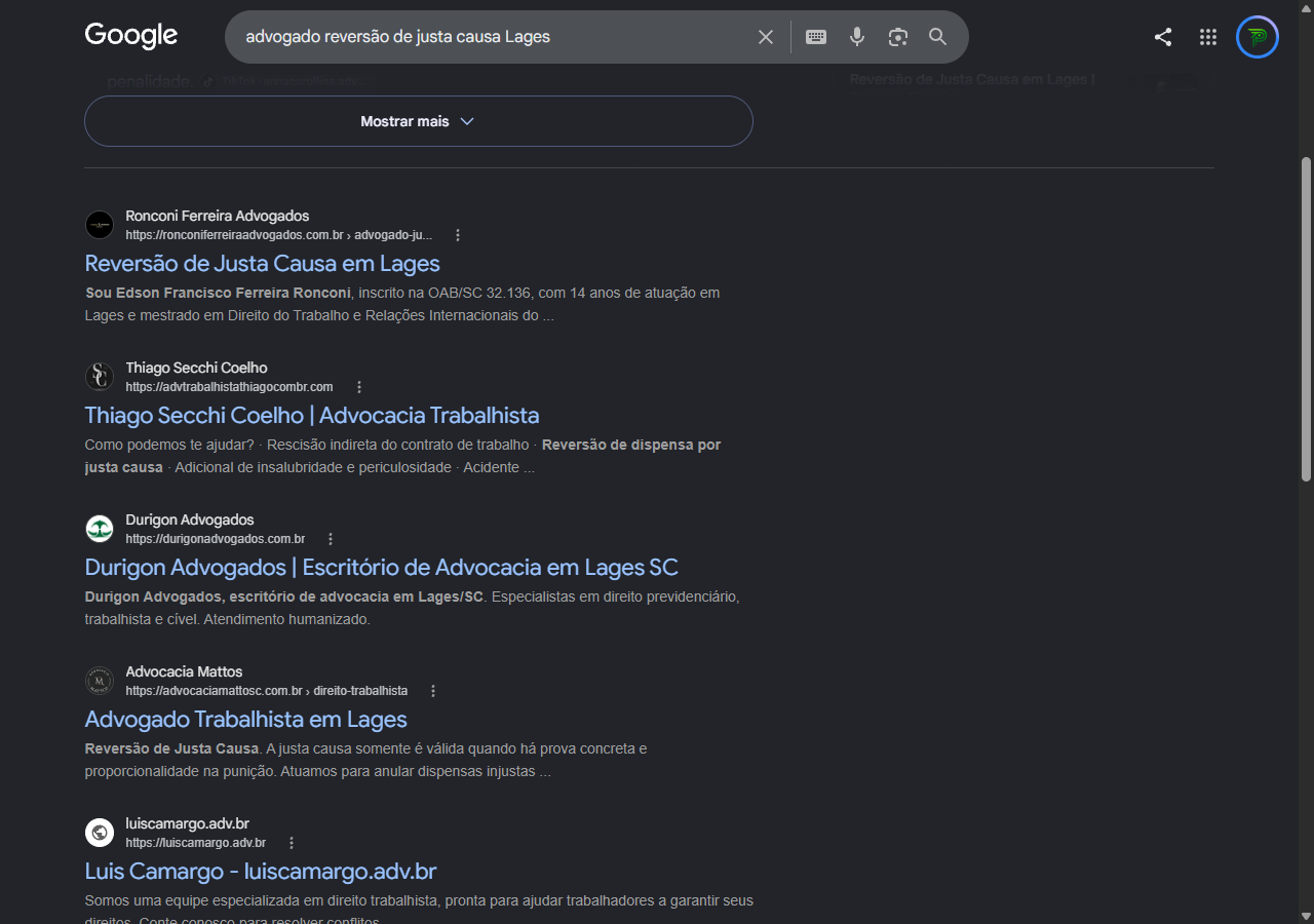 Print do Google com o site do Ronconi Ferreira Advogados em primeiro no orgânico para reversão de justa causa em Lages