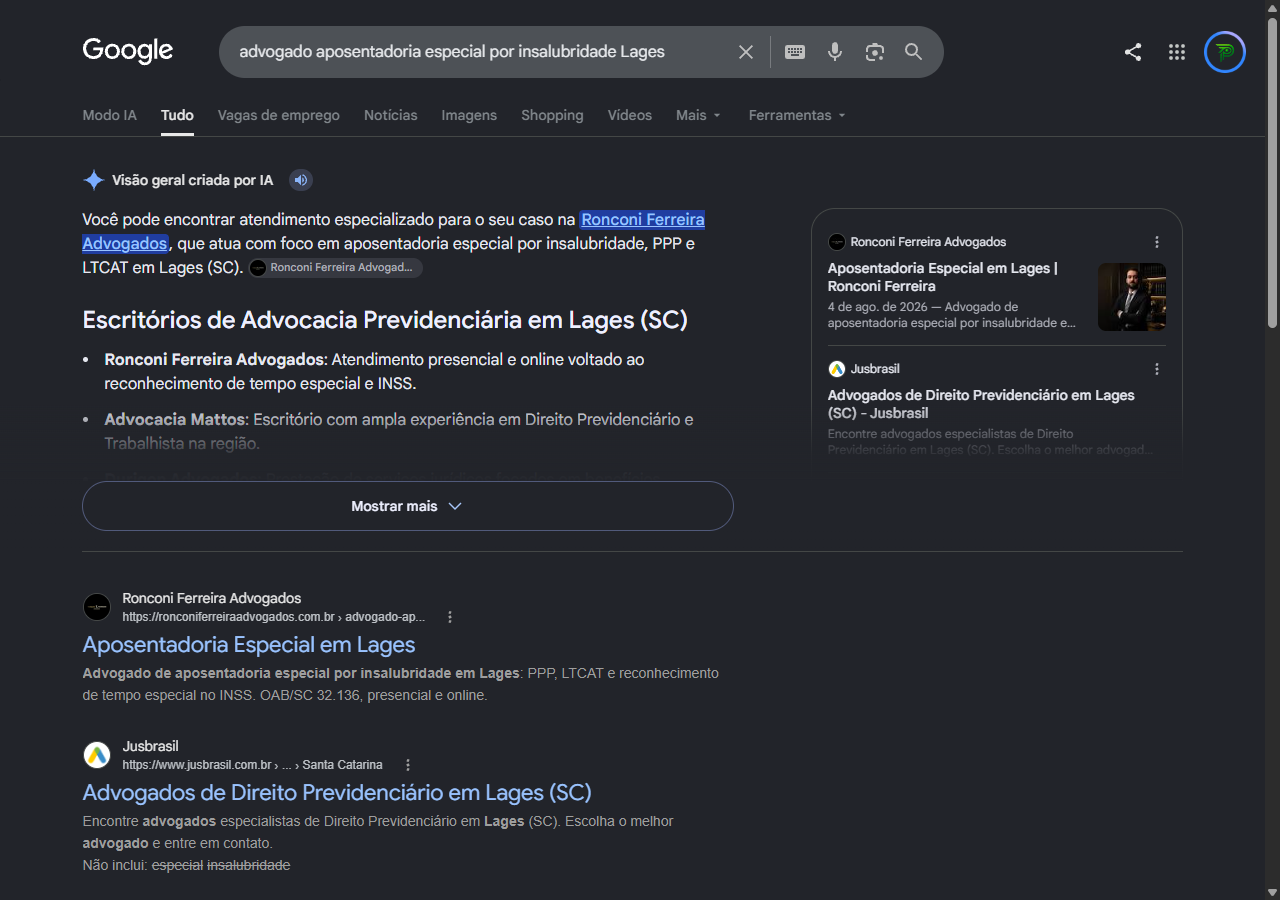 Print do Google com a Visao geral criada por IA abrindo com o Ronconi Ferreira Advogados e o site em primeiro para aposentadoria especial por insalubridade em Lages