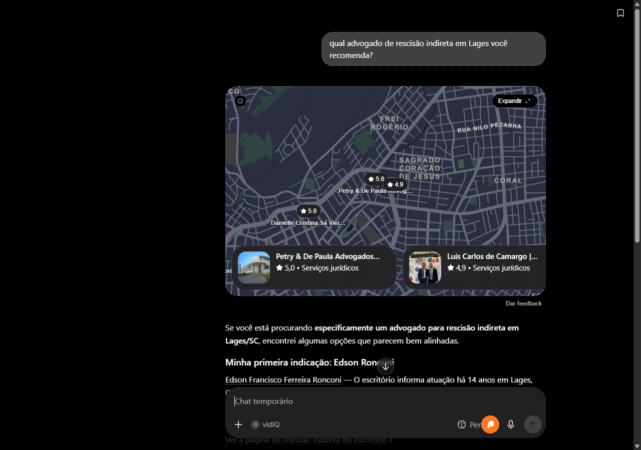Print do ChatGPT abrindo a recomendacao de advogado de rescisao indireta em Lages com Edson Ronconi como primeira indicacao