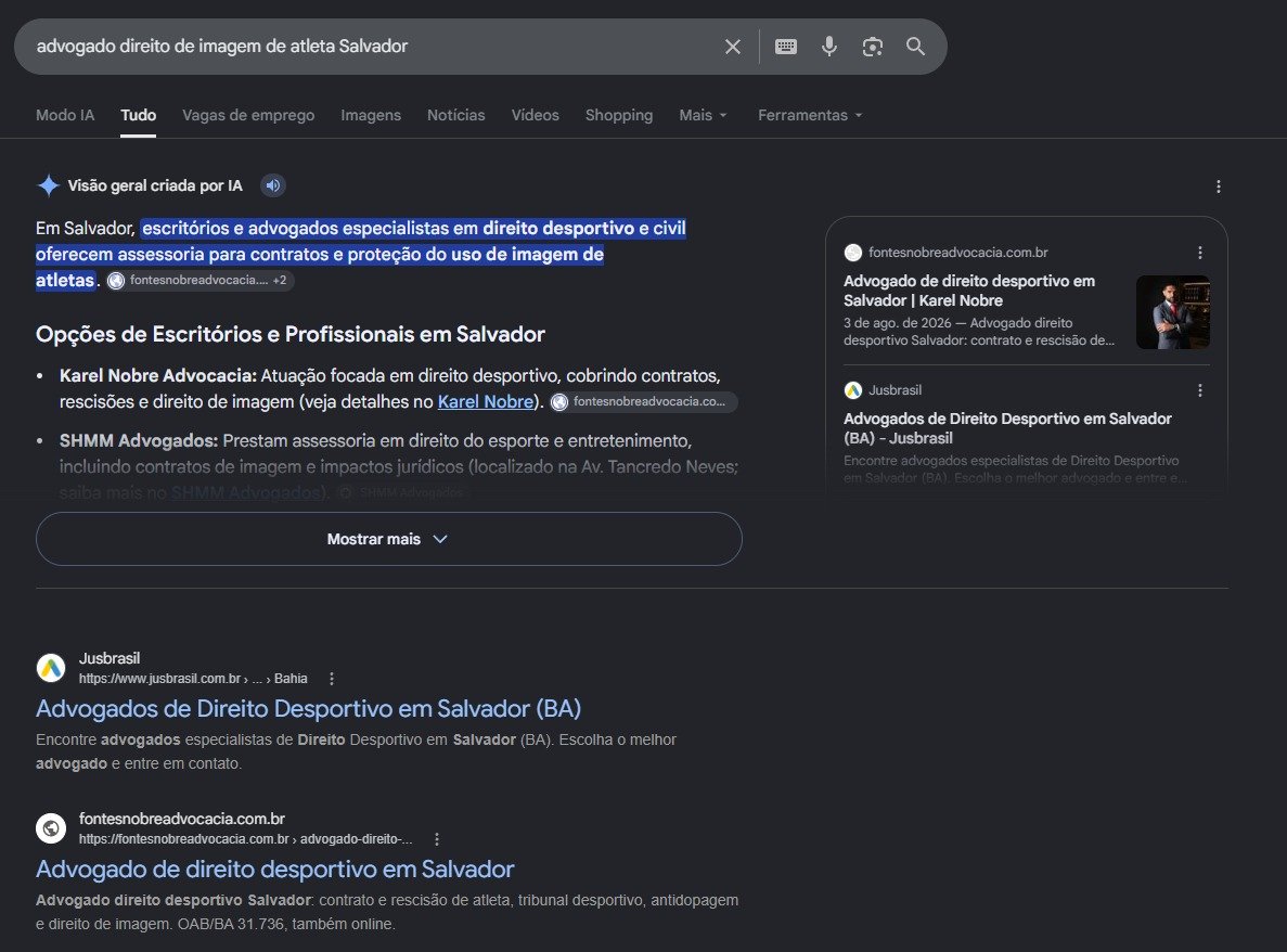 Print do AI Overview do Google citando o Karel Fontes Nobre em primeiro para direito de imagem de atleta em Salvador