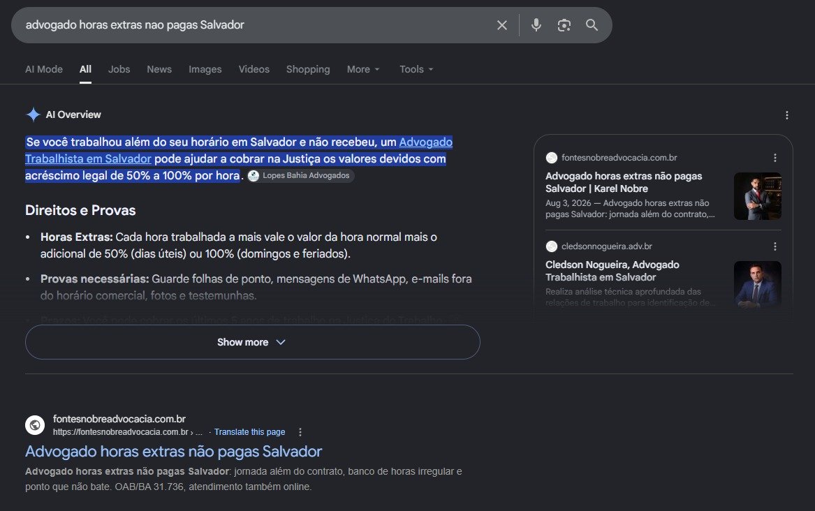 Print do Google com o site do Karel Fontes Nobre em primeiro para advogado de horas extras nao pagas em Salvador