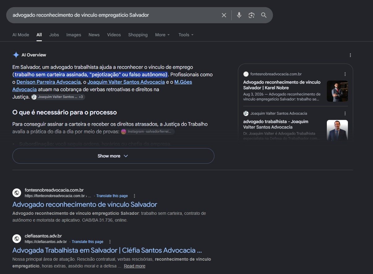 Print do Google com o site do Karel Fontes Nobre em primeiro para reconhecimento de vinculo empregaticio em Salvador