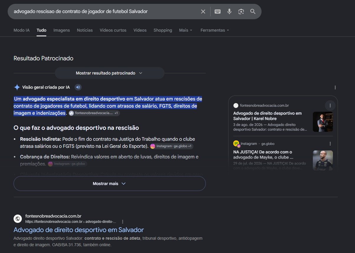 Print do Google com o site do Karel Fontes Nobre em primeiro para rescisao de contrato de jogador de futebol em Salvador