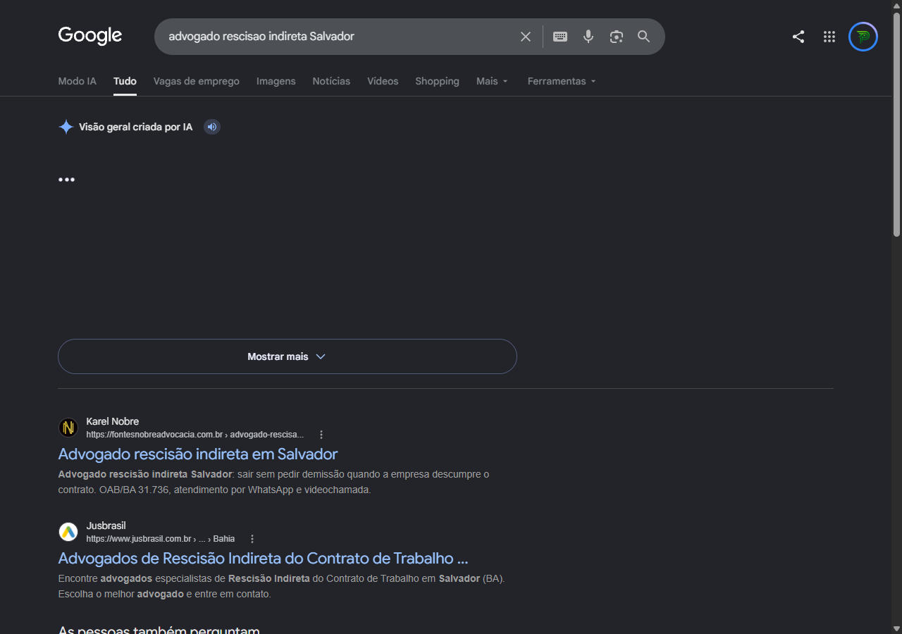 Print do Google para advogado rescisão indireta Salvador com a página de Karel Nobre em primeiro no orgânico, acima do Jusbrasil
