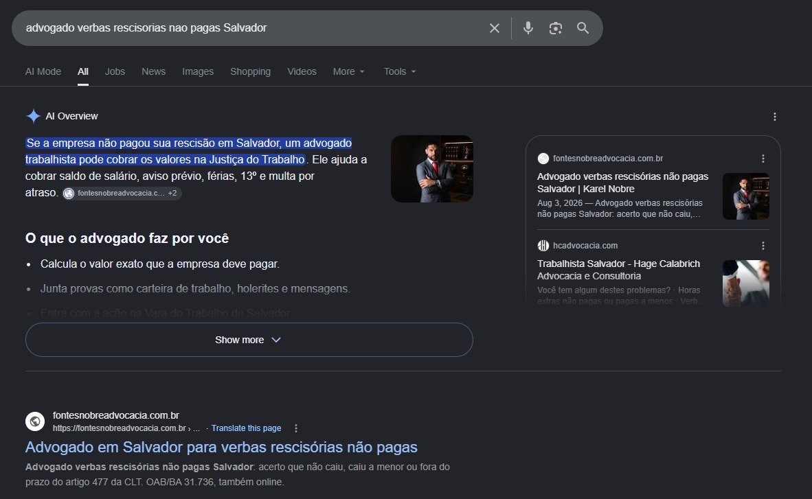 Print do Google com a página de verbas rescisórias do Karel Fontes Nobre em primeiro para verbas rescisórias não pagas em Salvador