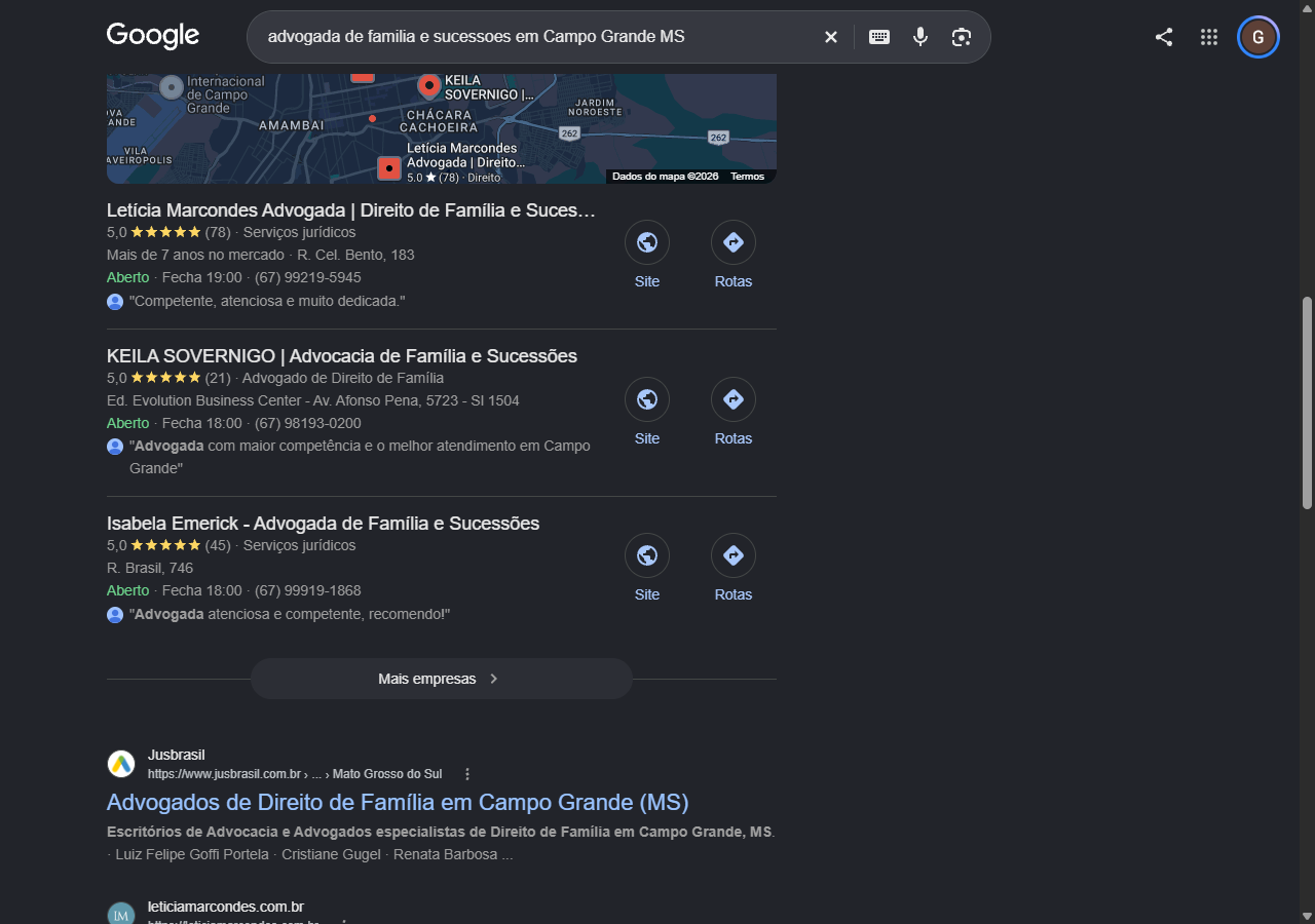 Print do mapa do Google com a ficha KEILA SOVERNIGO Advocacia de Familia e Sucessoes em segundo lugar, nota 5,0 e 21 avaliacoes