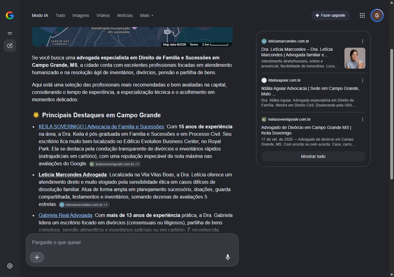 Print do Modo IA do Google com Keila Sovernigo Advocacia de Família e Sucessões como primeiro nome dos Principais Destaques em Campo Grande