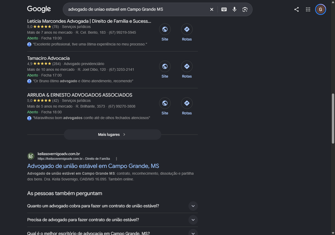 Print do Google com a página de união estável da Keila Sovernigo Advocacia como primeiro resultado orgânico em Campo Grande (MS)